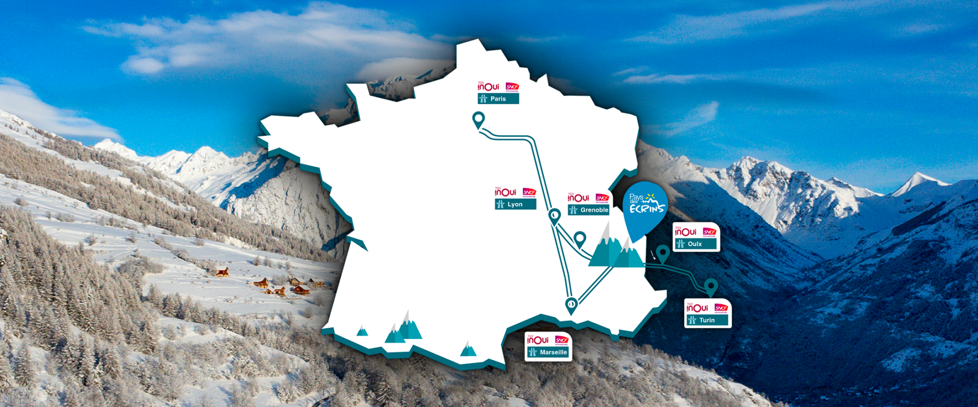 carte du reseau de transport, train et autoroute pour venir au Pays des écrins depuis les grandes villes 