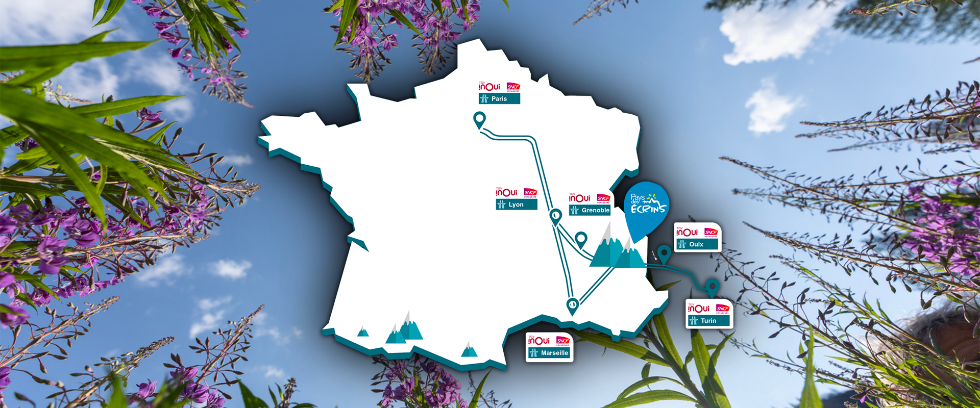 carte du reseau de transport, train et autoroute pour venir au Pays des écrins depuis les grandes villes