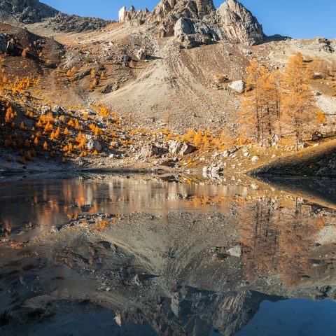 reflet de la montagne sur l'eau calme d'un petit lac