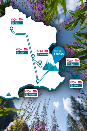 carte du reseau de transport, train et autoroute pour venir au Pays des écrins depuis les grandes villes