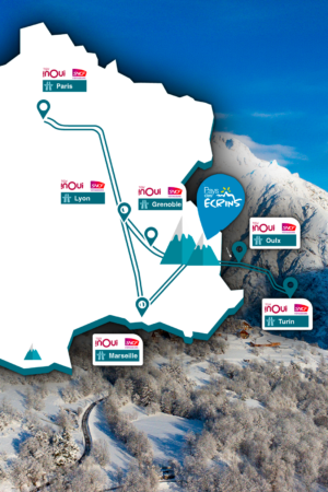 carte du reseau de transport, train et autoroute pour venir au Pays des écrins depuis les grandes villes